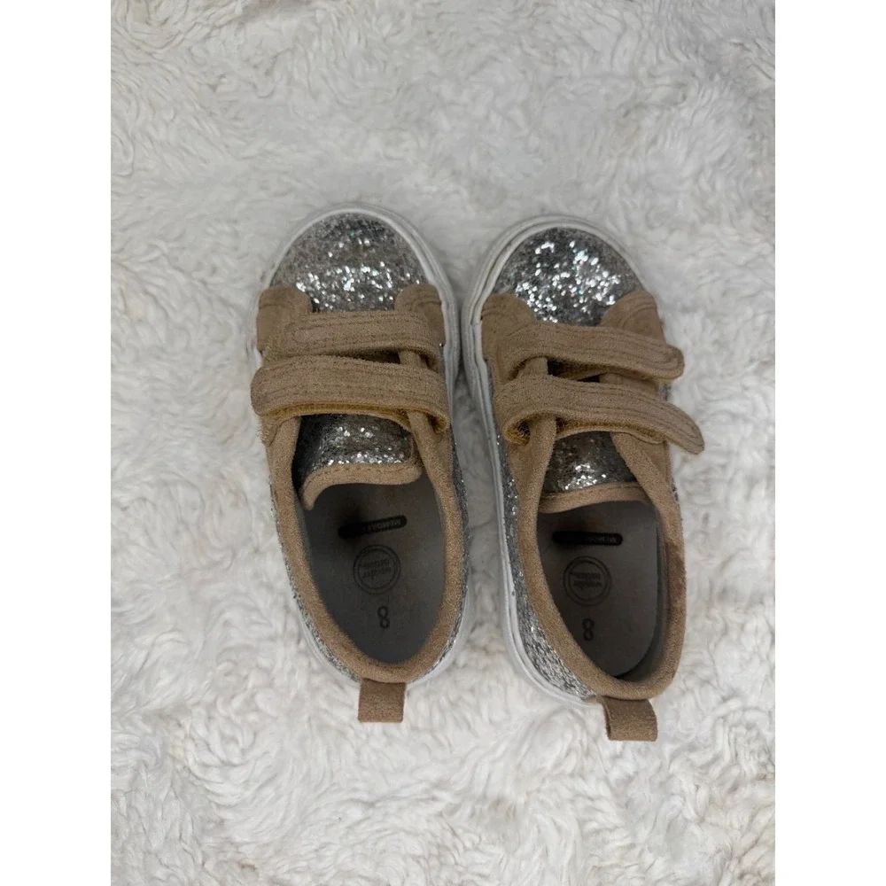 Wonder Nation Girls Glitter Sneakers Size 8 Silver Sparkle Hook & Loop Shoes
